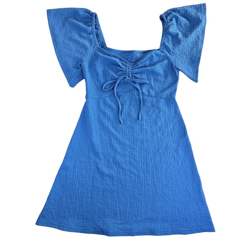 Cider Mini Dress Women Size S‎ Blue Ruched Tie Front Flutter Sleeve Textured
